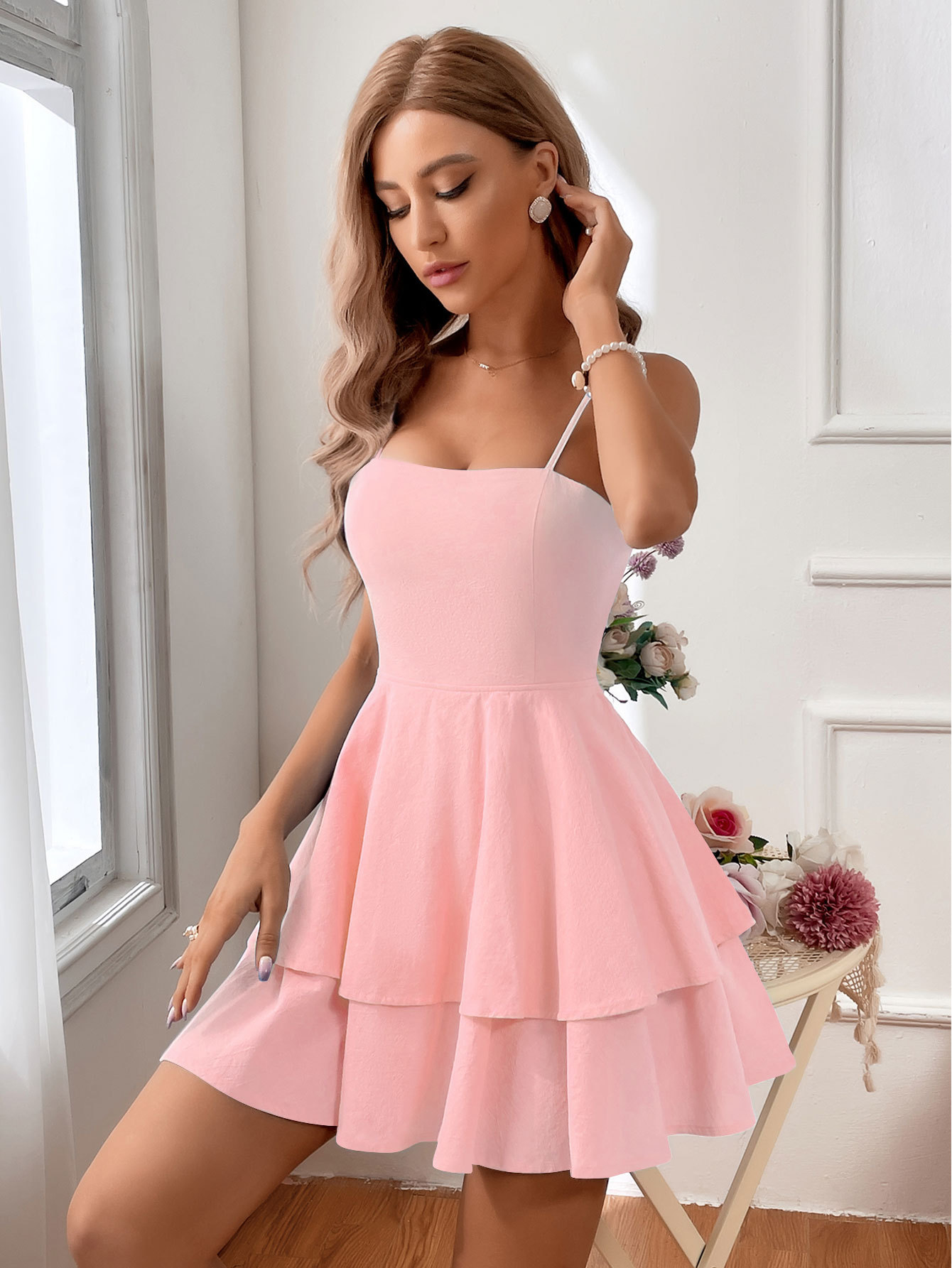 Vestido Corto Algodón Cuello Cuadrado con Tirantes y Lazo Talle Alto
