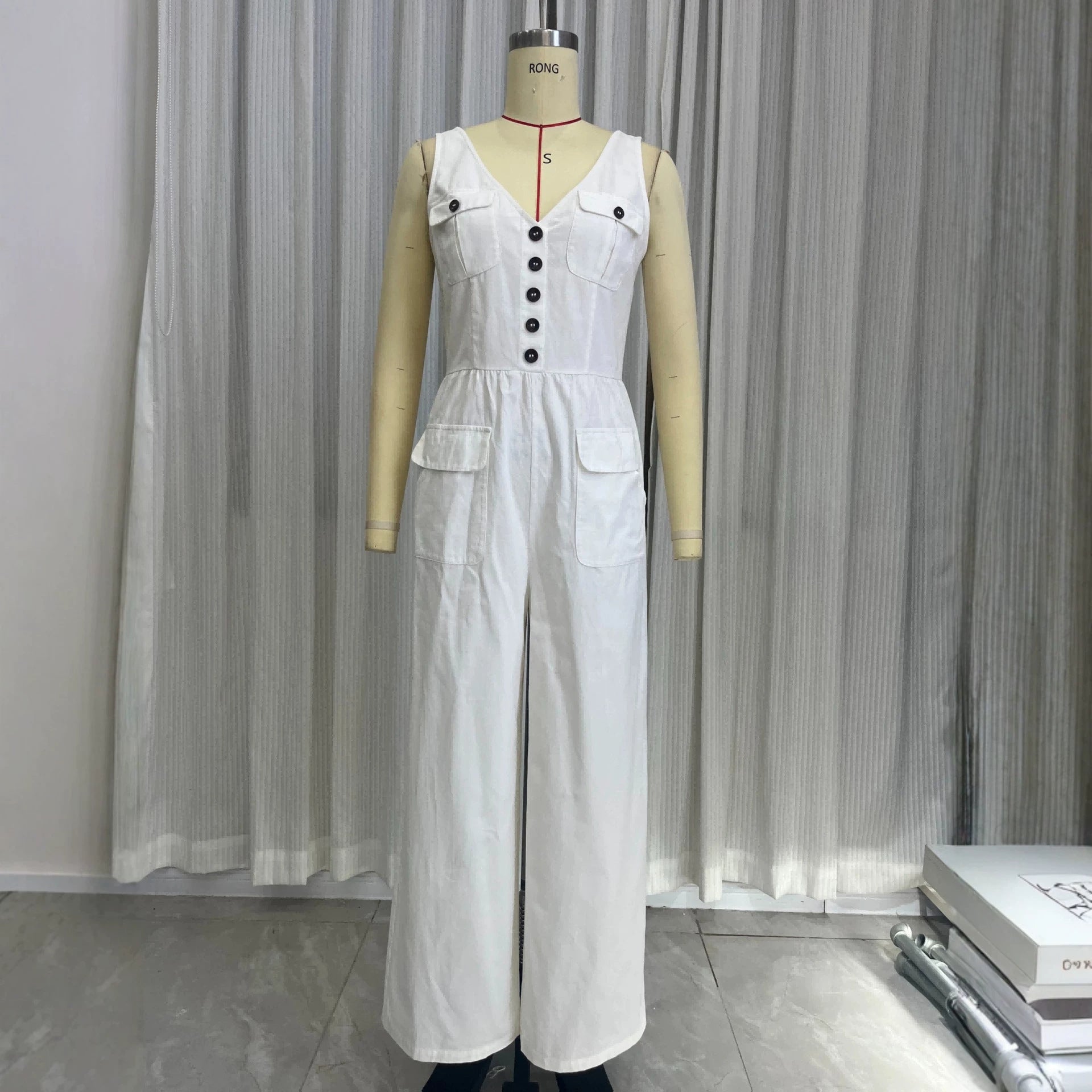 Mono Mujer Sin Mangas Cuello V con Bolsillos y Talle Alto