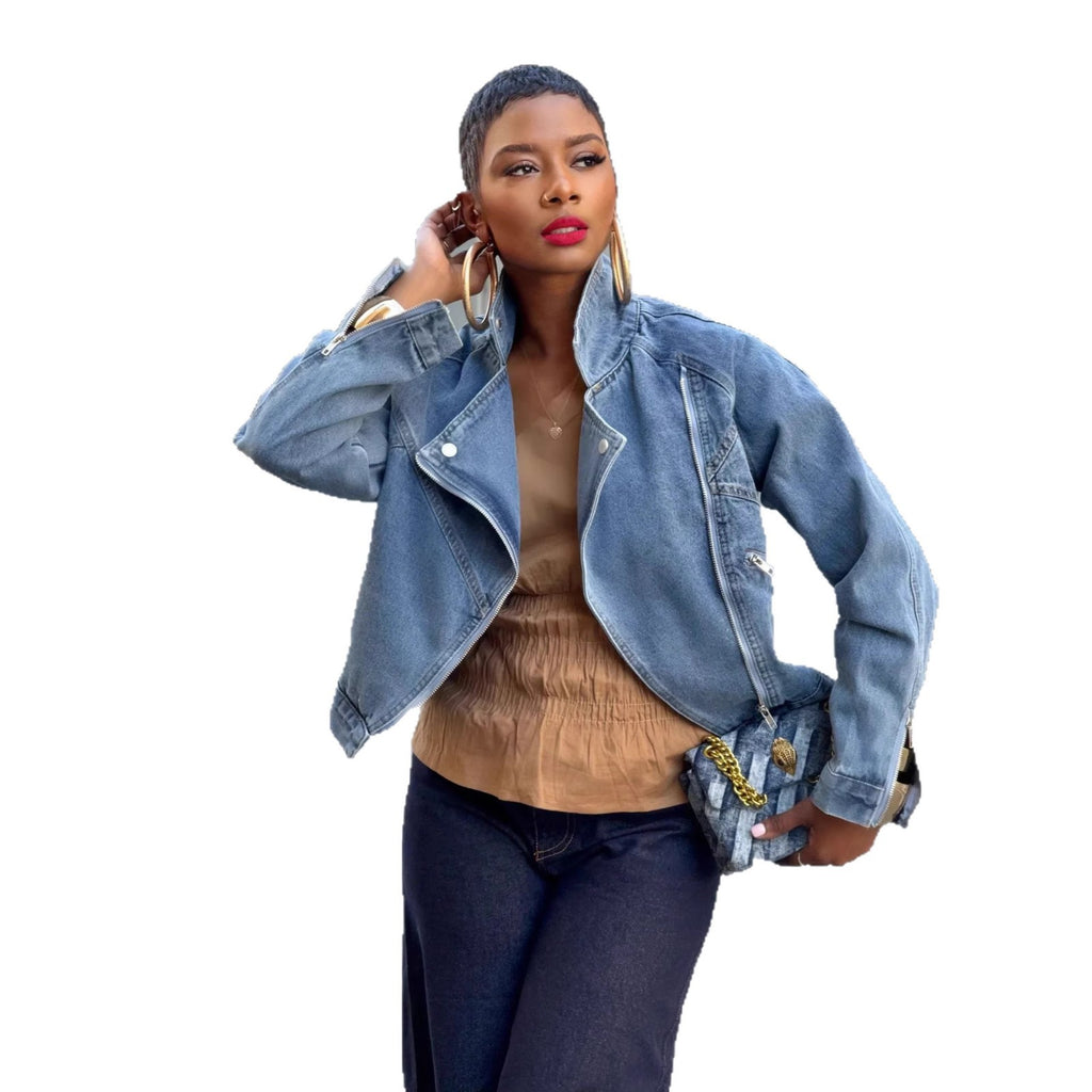 Motorcycle Style Turn-Down Collar Zipper Long Sleeve Denim Jacket