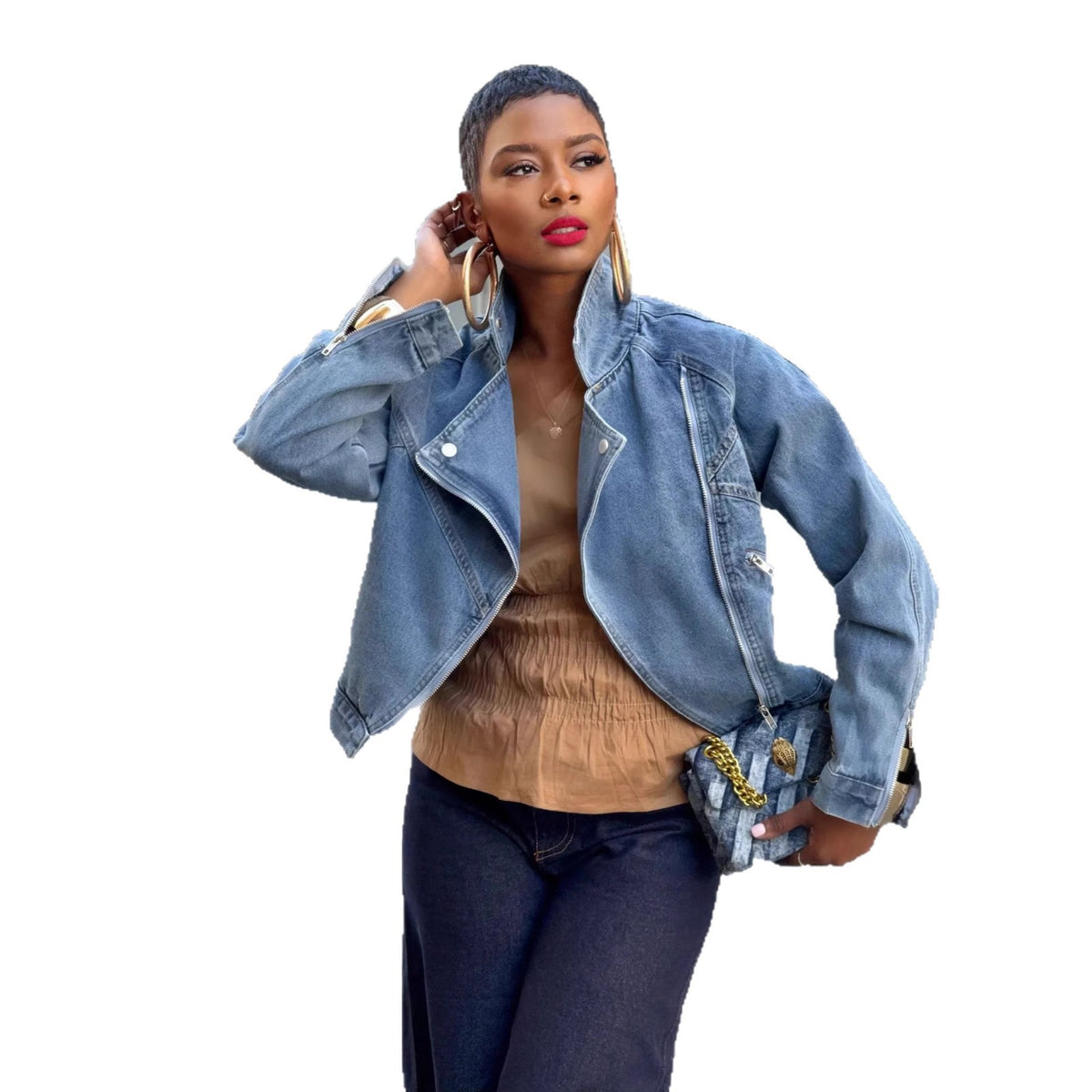 Motorcycle Style Turn-Down Collar Zipper Long Sleeve Denim Jacket