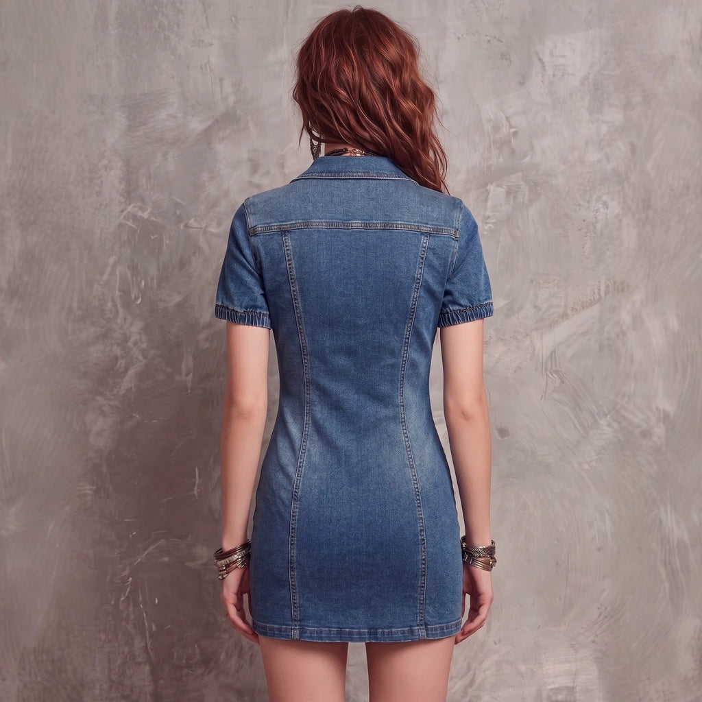 Vestido Vaquero Elástico Ajustado con Cremallera y Bolsillo