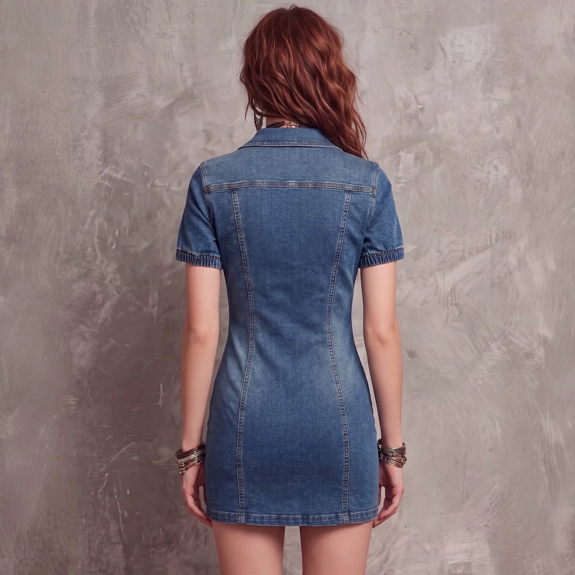 Vestido Vaquero Elástico Ajustado con Cremallera y Bolsillo