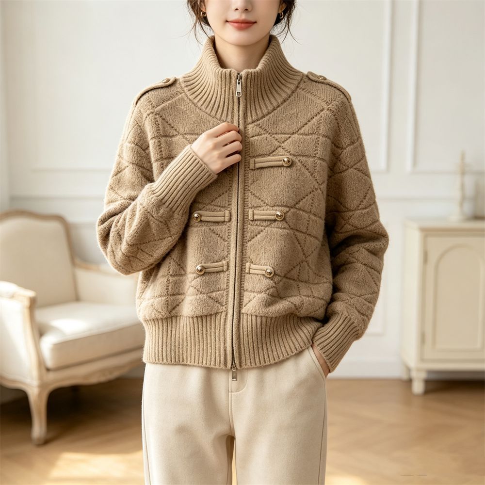 Stand up collar zipper cardigan sweater