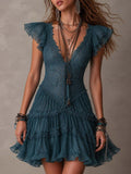 Vestido Mini de Encaje con Manga Mariposa, Cintura Fruncida y Falda Tul