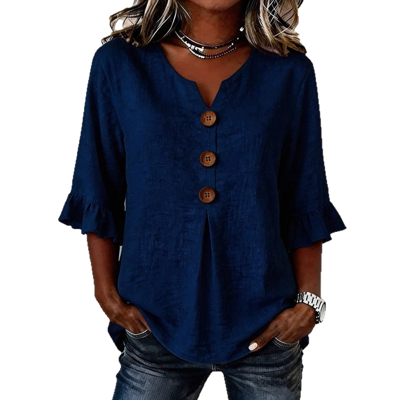 Blusa Lino-Algodón Cuello V con Botones para Verano