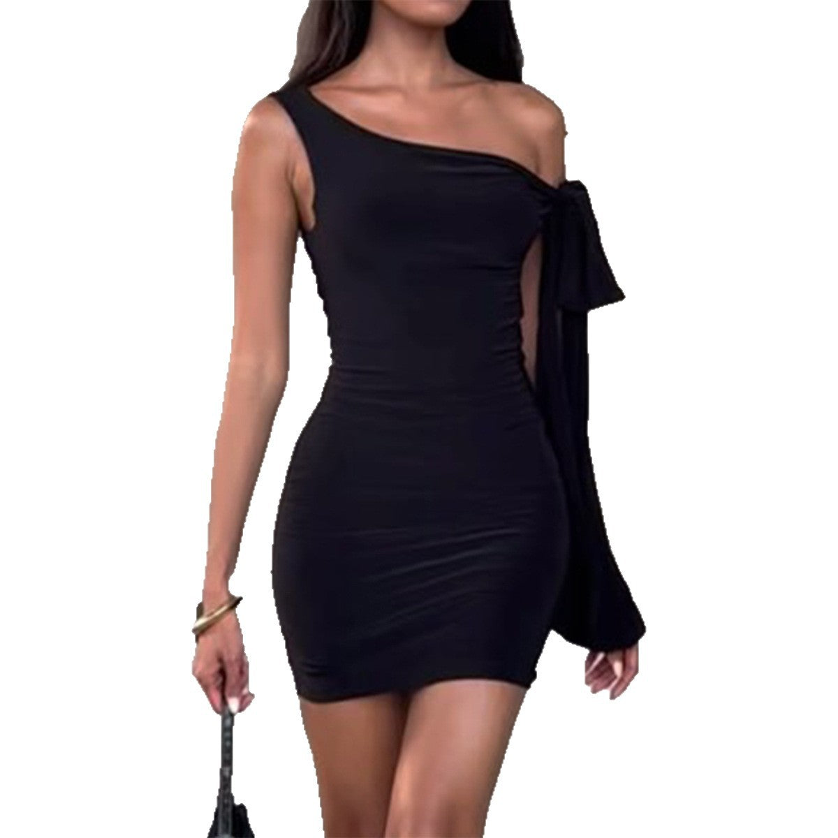 Vestido Sexy Asimétrico con Hombro Descubierto y Lazo para Mujer