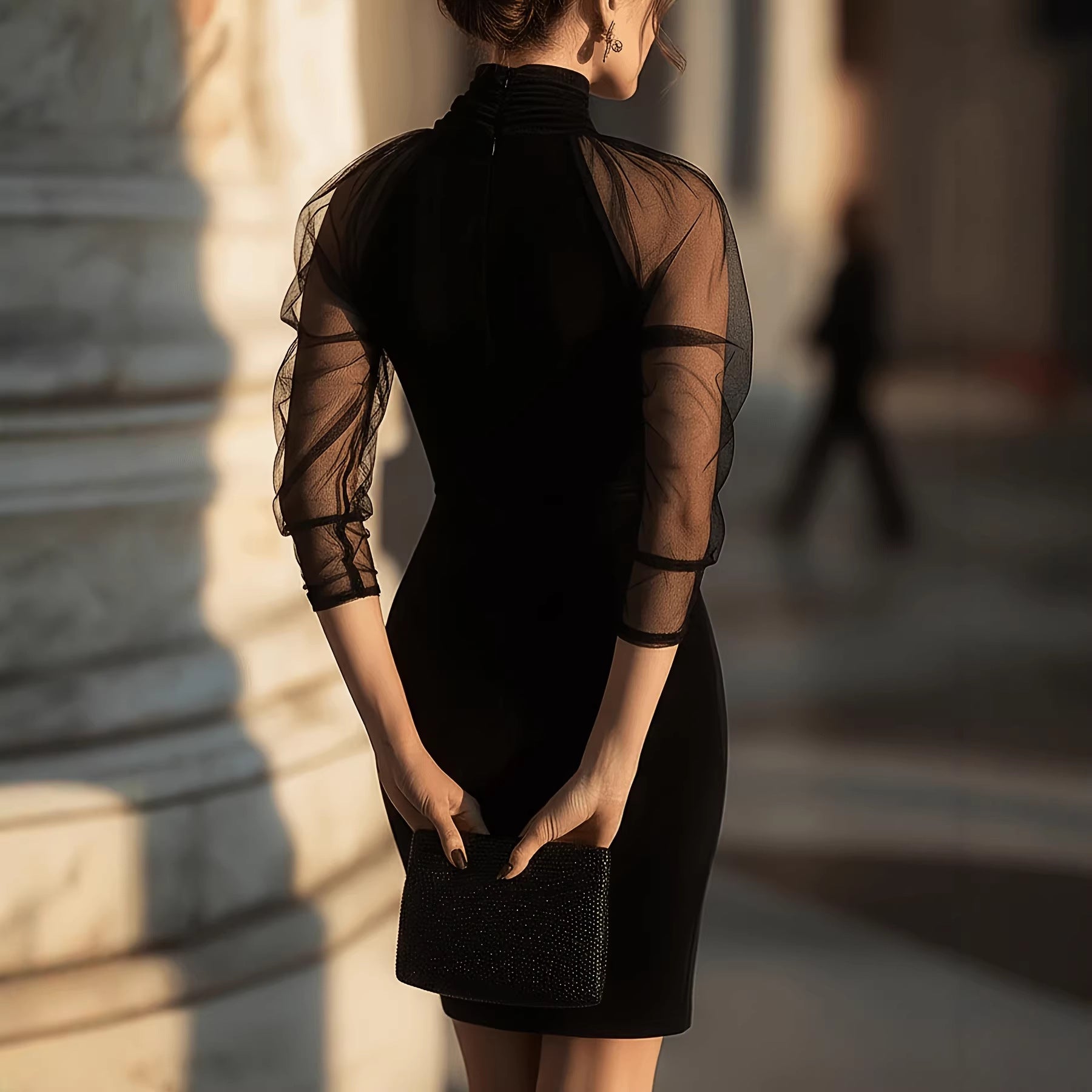 Vestido Largo Elegante Manga Larga Cuello Alto con Malla Superpuesta
