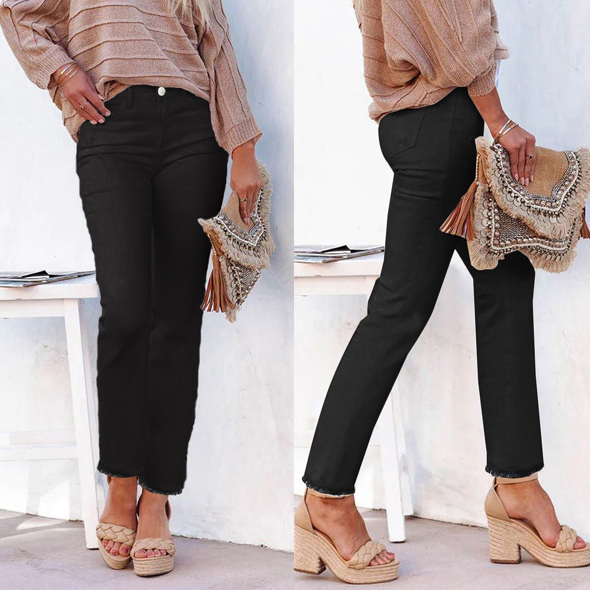 Pantalones Vaqueros Blancos Rectos de Tobillo con Bajo Deshilachado