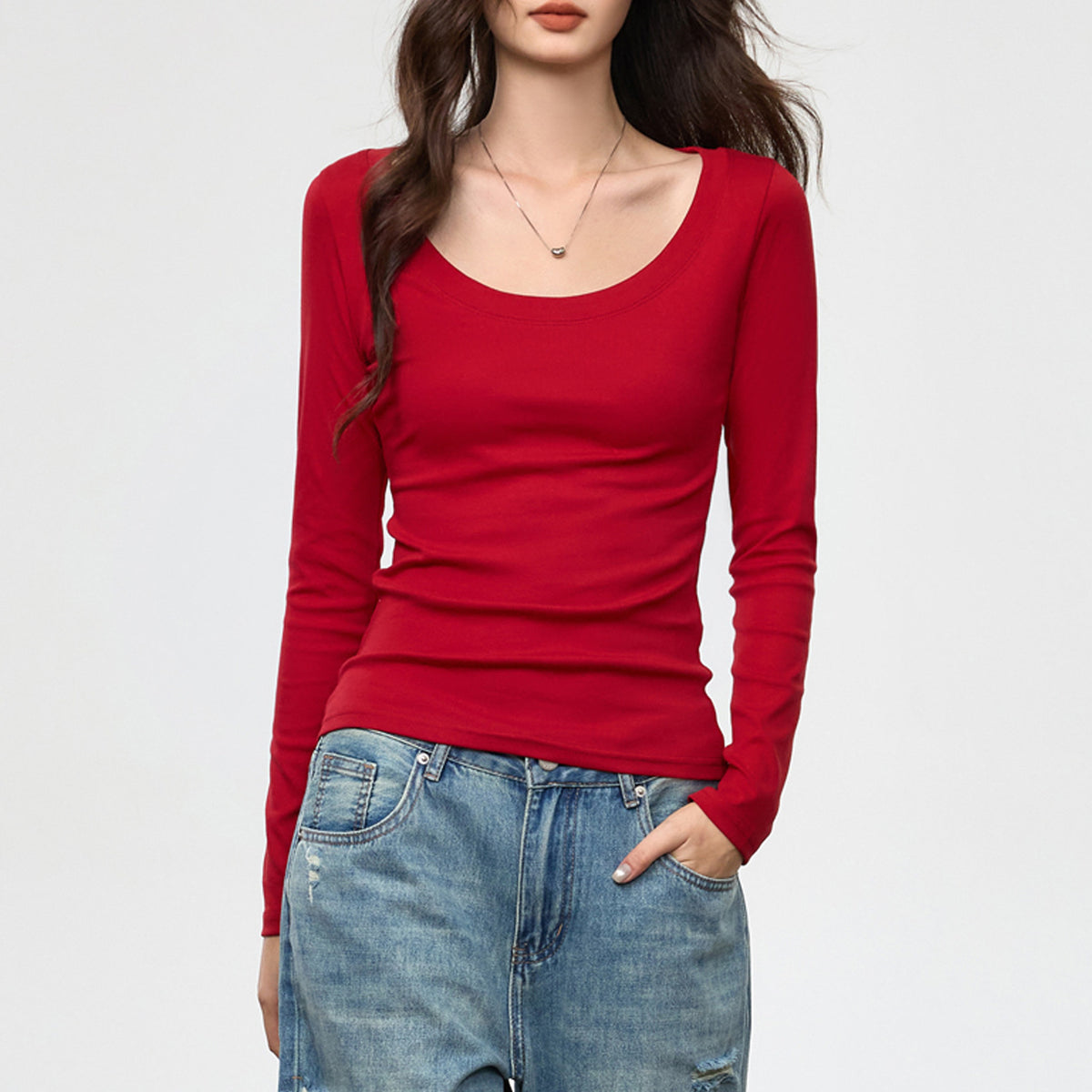 Camiseta de Manga Larga con Cuello U Amplio para Mujer