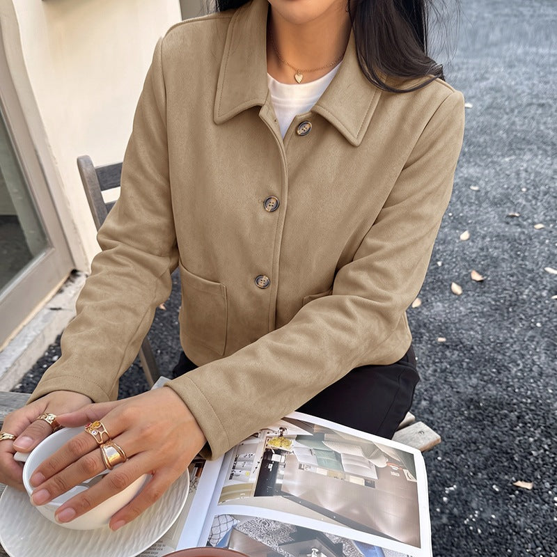 Chaqueta Corta Vintage de Manga Larga con Cuello Solapas y Corte Holgado