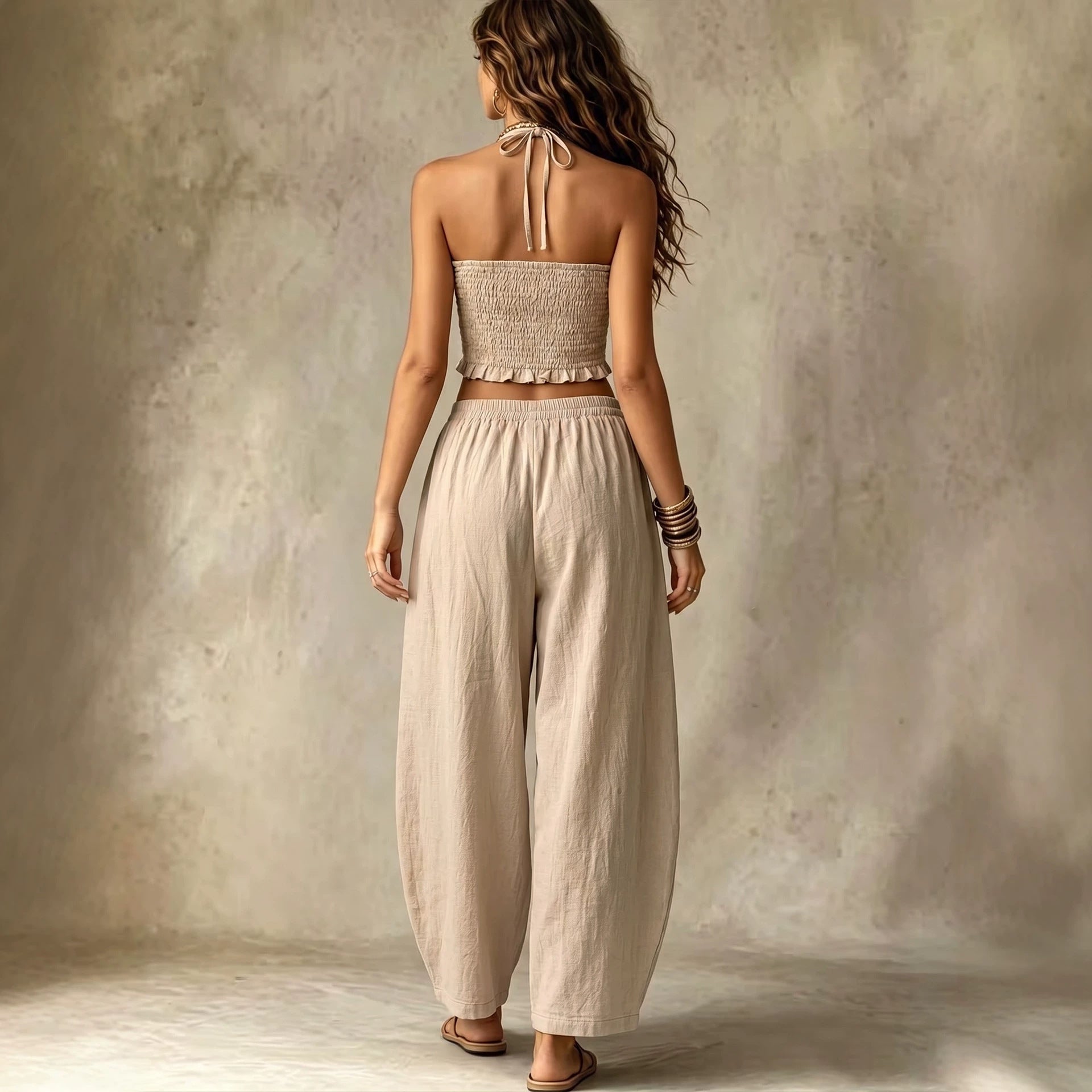 Conjunto Lino Dos Piezas Top Halter Cuello V y Pantalón Farol
