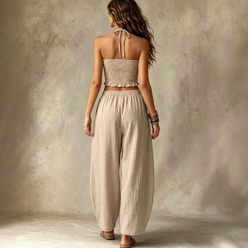 Conjunto Lino Dos Piezas Top Halter Cuello V y Pantalón Farol