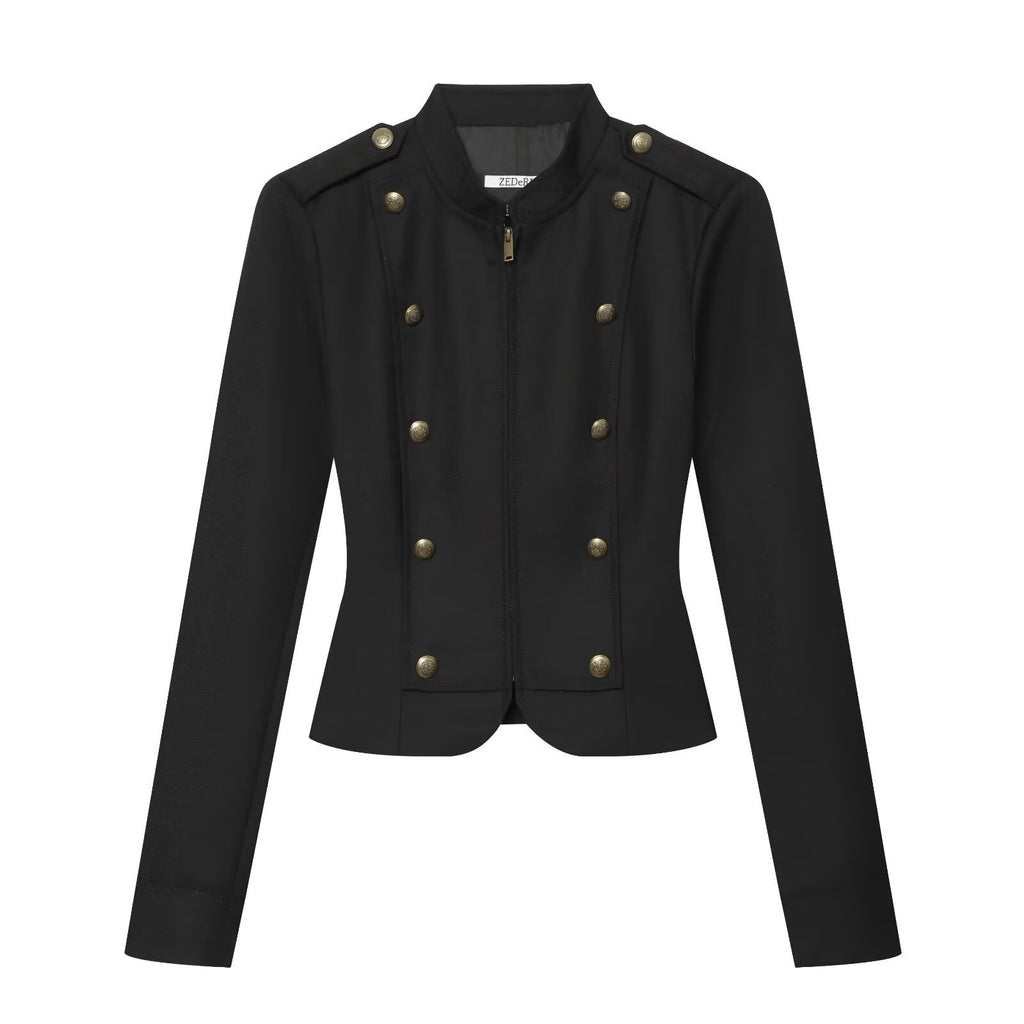 Chaqueta de Manga Larga con Cuello Mao, Cremallera y Doble Fila de Botones
