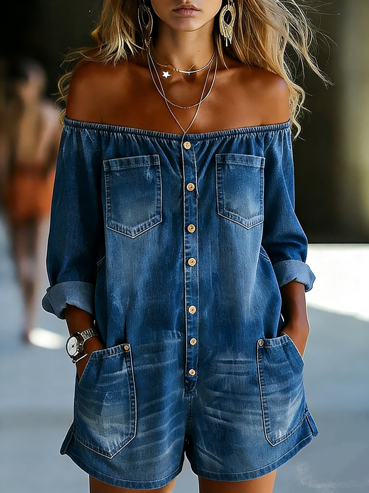 Fashion Vintage Off-Shoulder Long Sleeve Loose Denim Washed Jumpsuit for Women