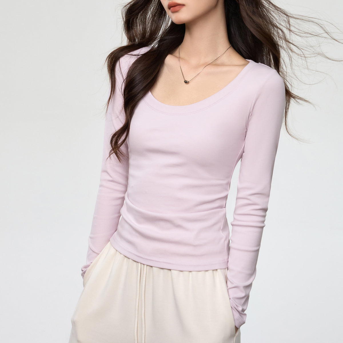 Camiseta de Manga Larga con Cuello U Amplio para Mujer