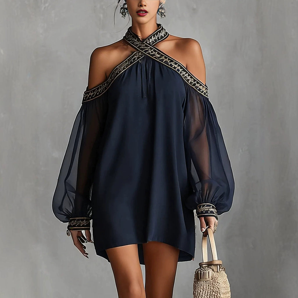 Vestido Resort Bordado Palabra de Honor con Manga Farol Transparente
