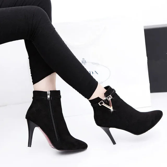 Botines de mujer con tacón de aguja, punta fina y cremallera