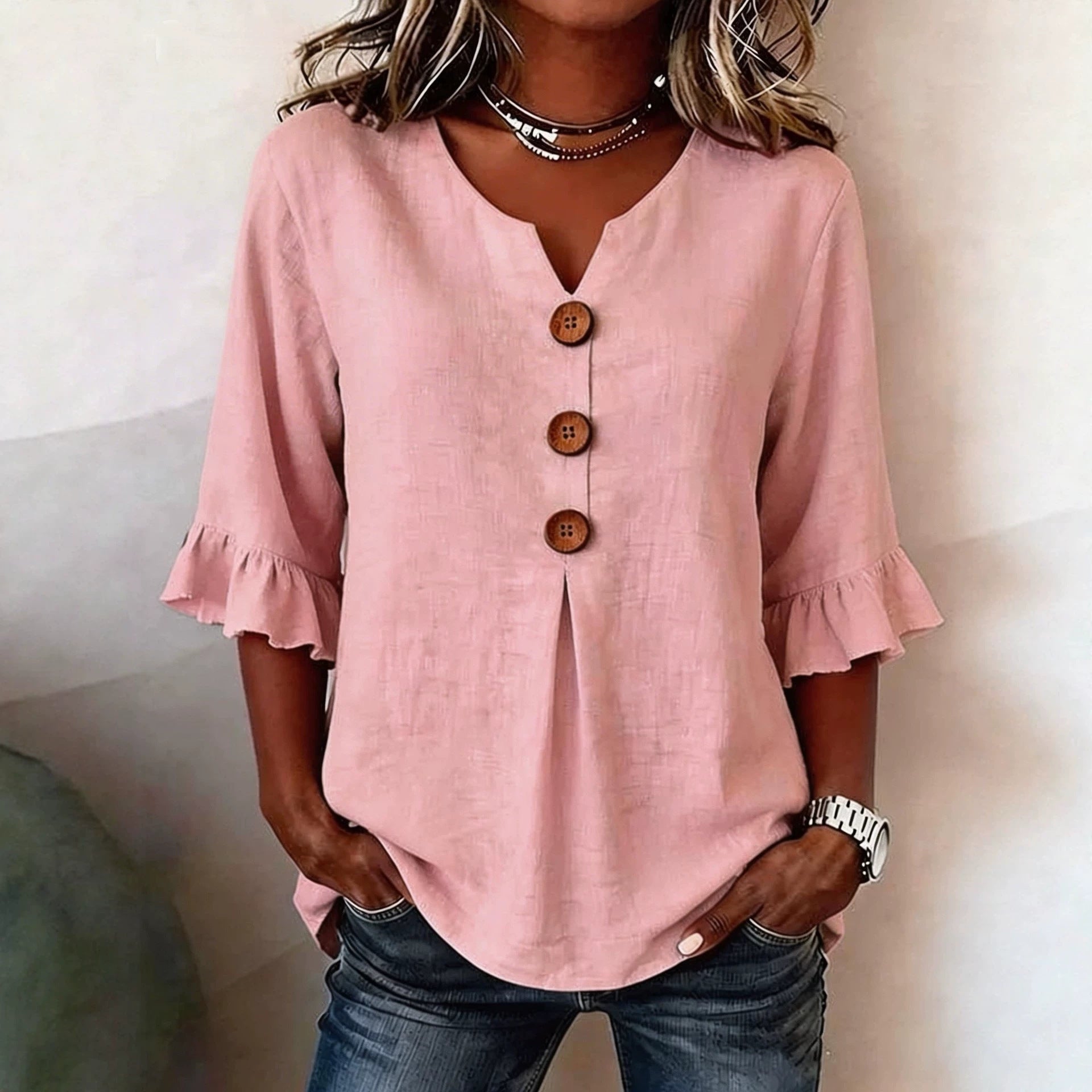 Blusa Lino-Algodón Cuello V con Botones para Verano