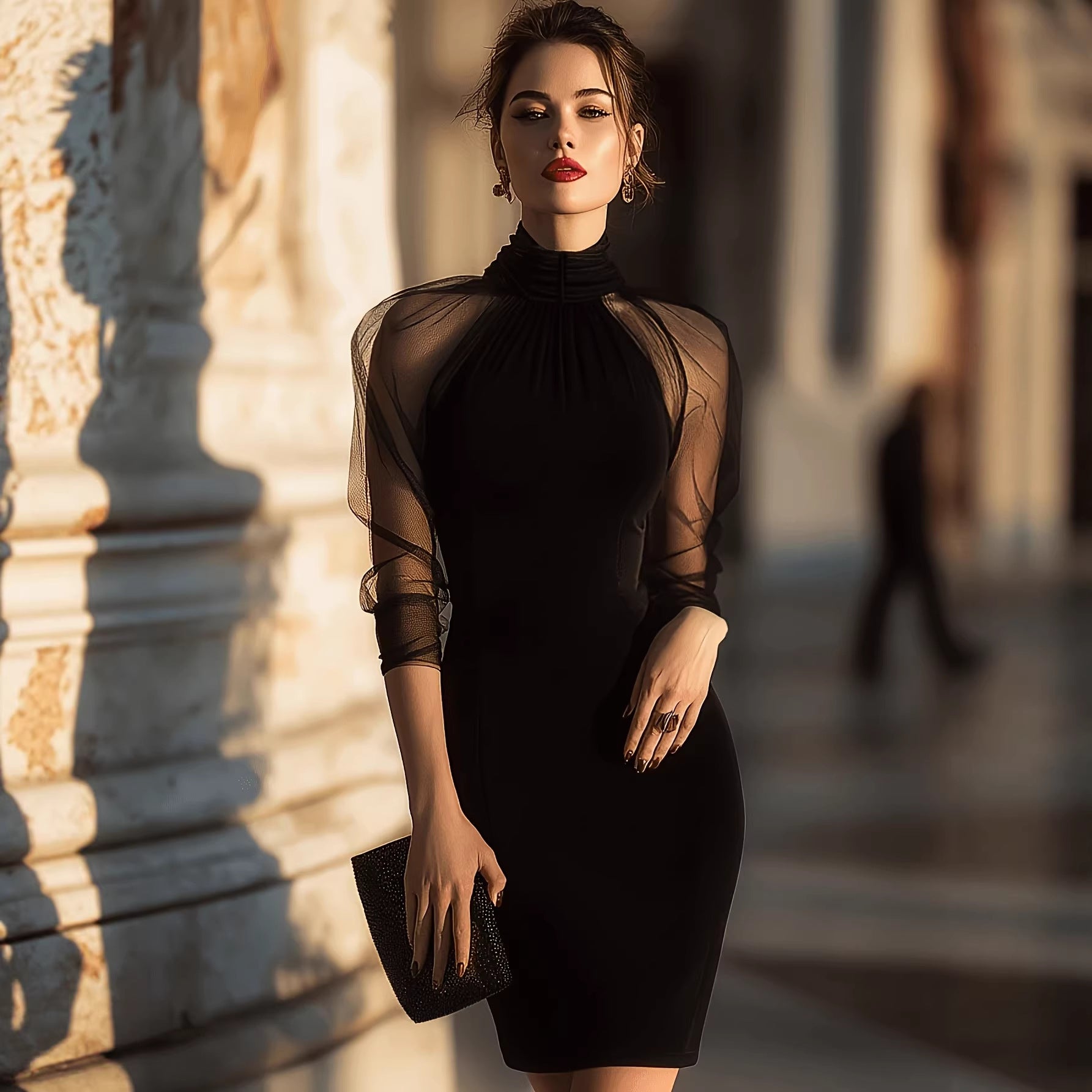 Vestido Largo Elegante Manga Larga Cuello Alto con Malla Superpuesta