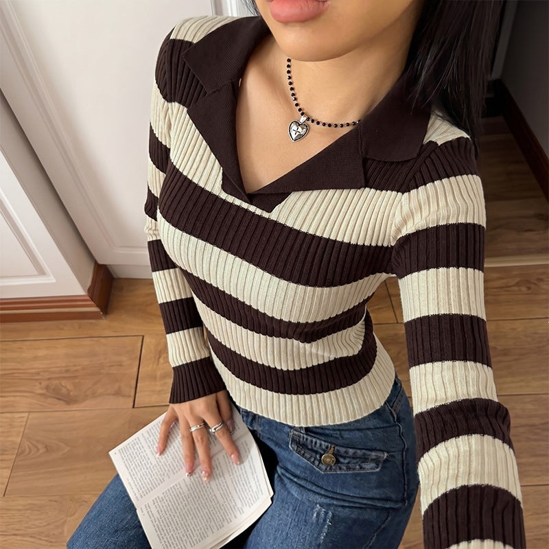 Jersey de Punto Casual Retro con Rayas, Manga Larga y Cuello Solapas