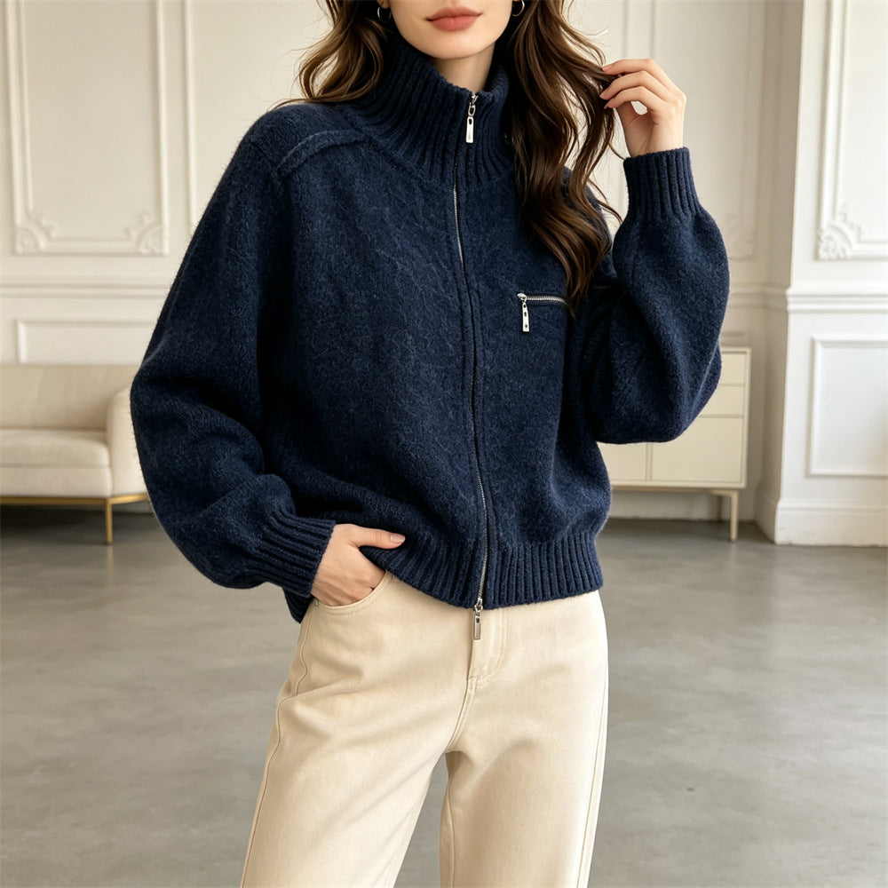Western Style Knitted Zip Front Stand Collar Cropped Cardigan for Women