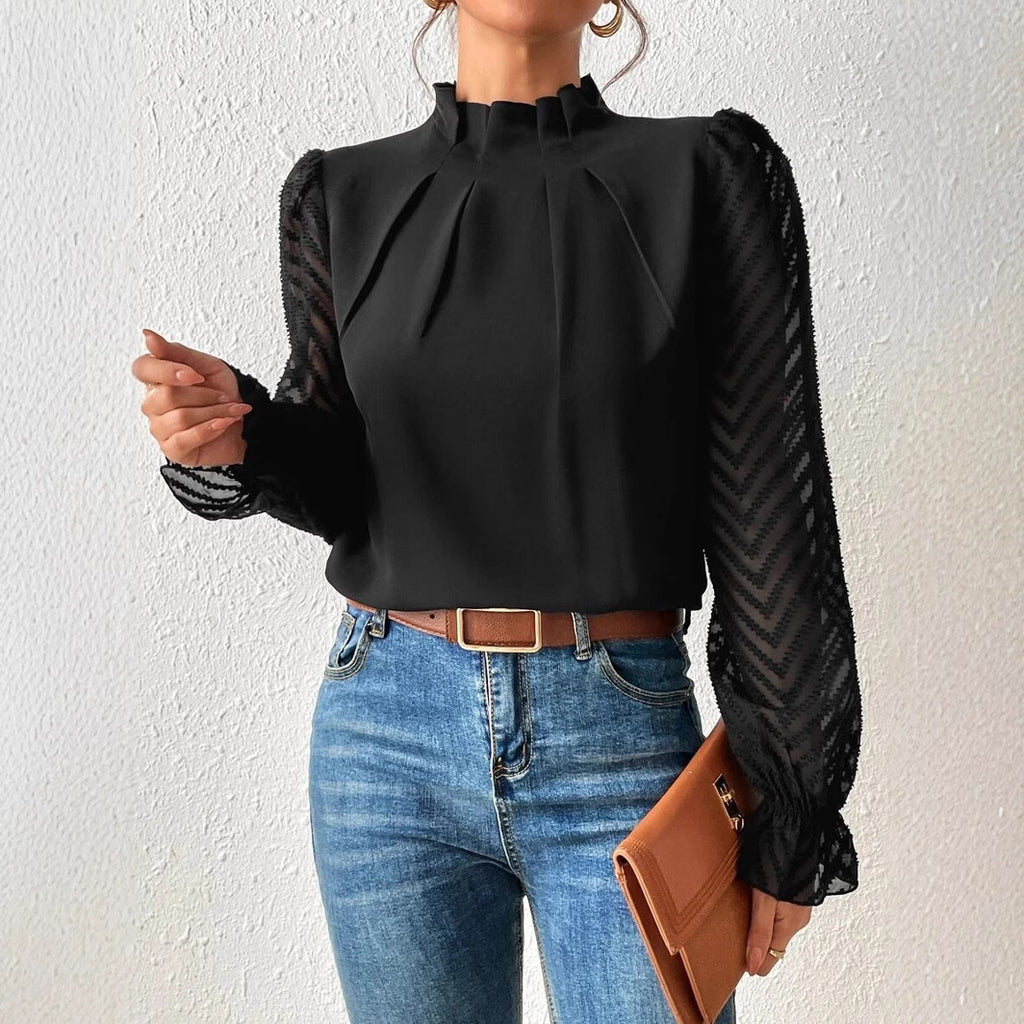 Top Manga Larga Cuello Alto con Estampado de Ondas y Chifón