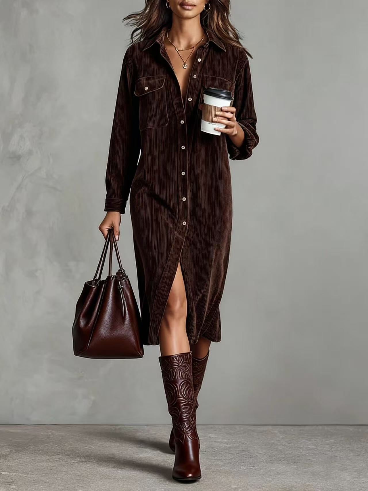 Vestido Largo Camisero de Pana con Cuello Vuelto y Manga Larga