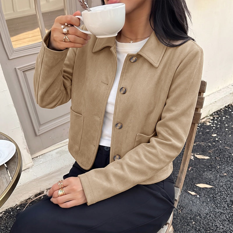 Chaqueta Corta Vintage de Manga Larga con Cuello Solapas y Corte Holgado