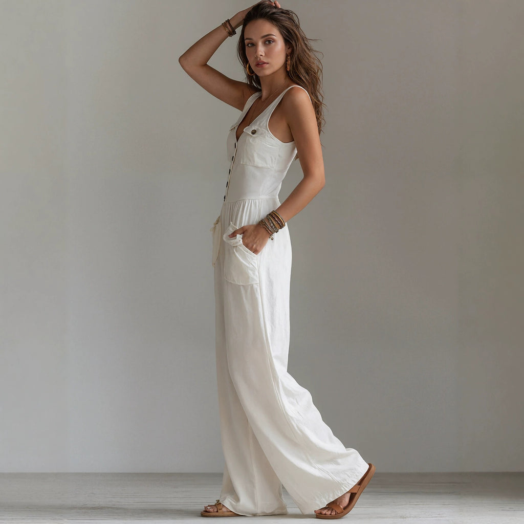Mono Mujer Sin Mangas Cuello V con Bolsillos y Talle Alto