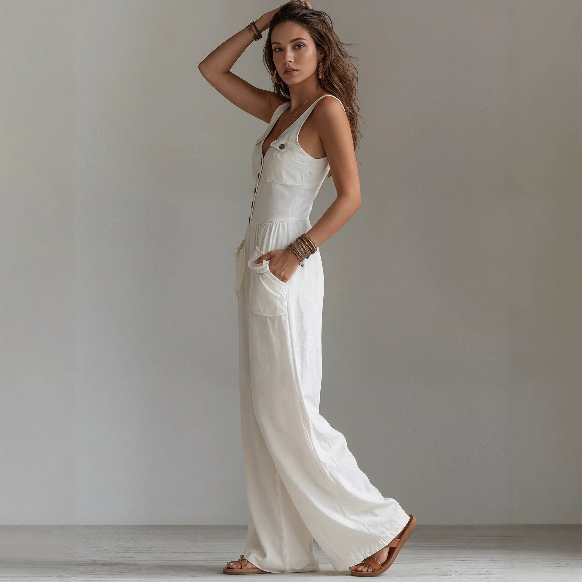 Mono Mujer Sin Mangas Cuello V con Bolsillos y Talle Alto
