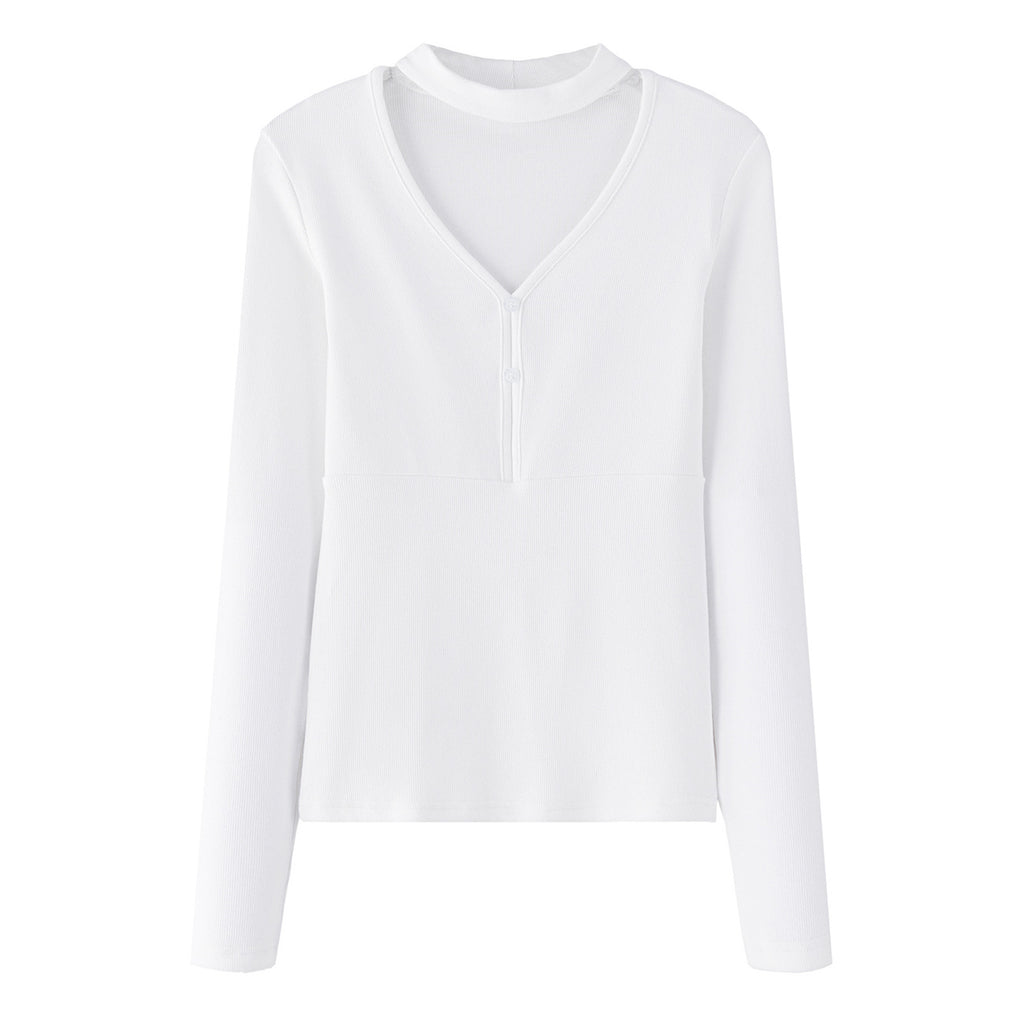 Top de Manga Larga con Cuello Halter en V y Estética de Diseño