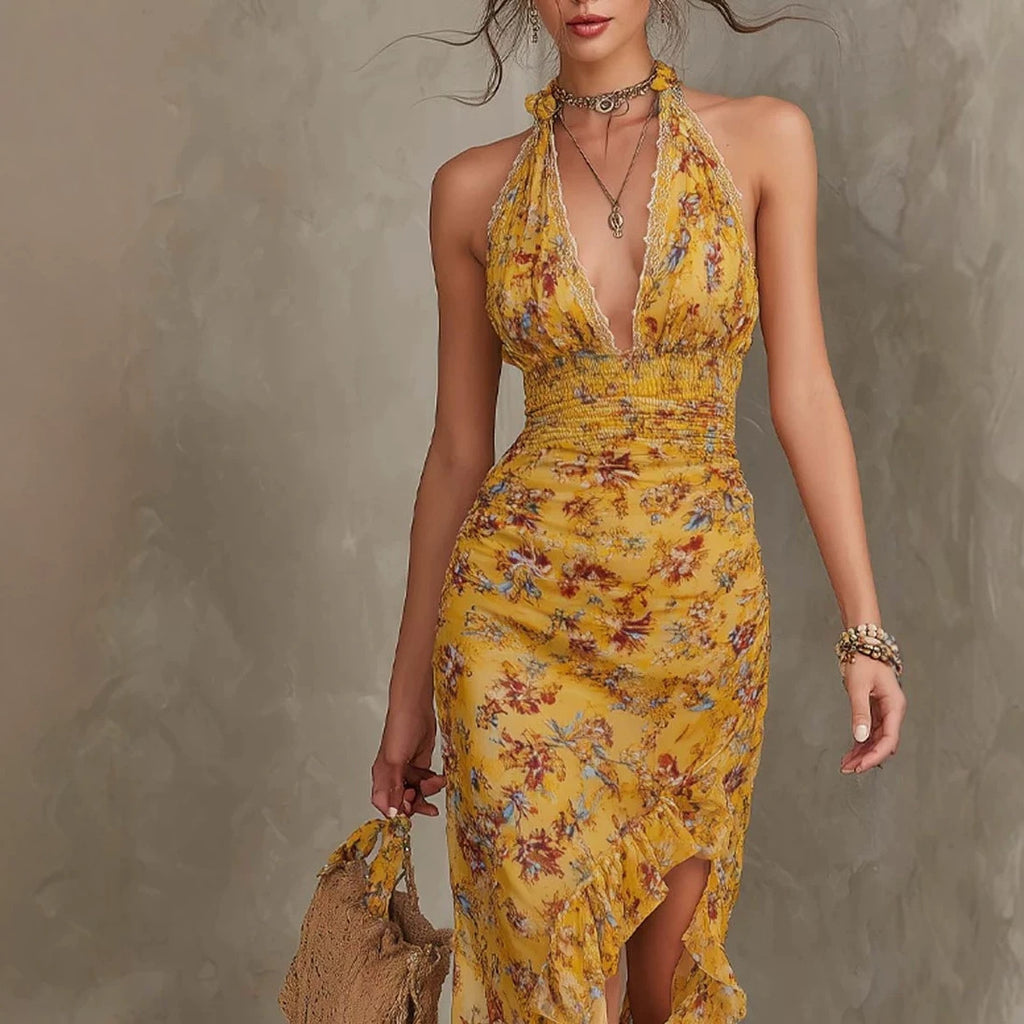 French Vintage Yellow Floral Halter Neck Dress Deep V Waist-Cinching Split Ruffle Slimming Elegant Dress