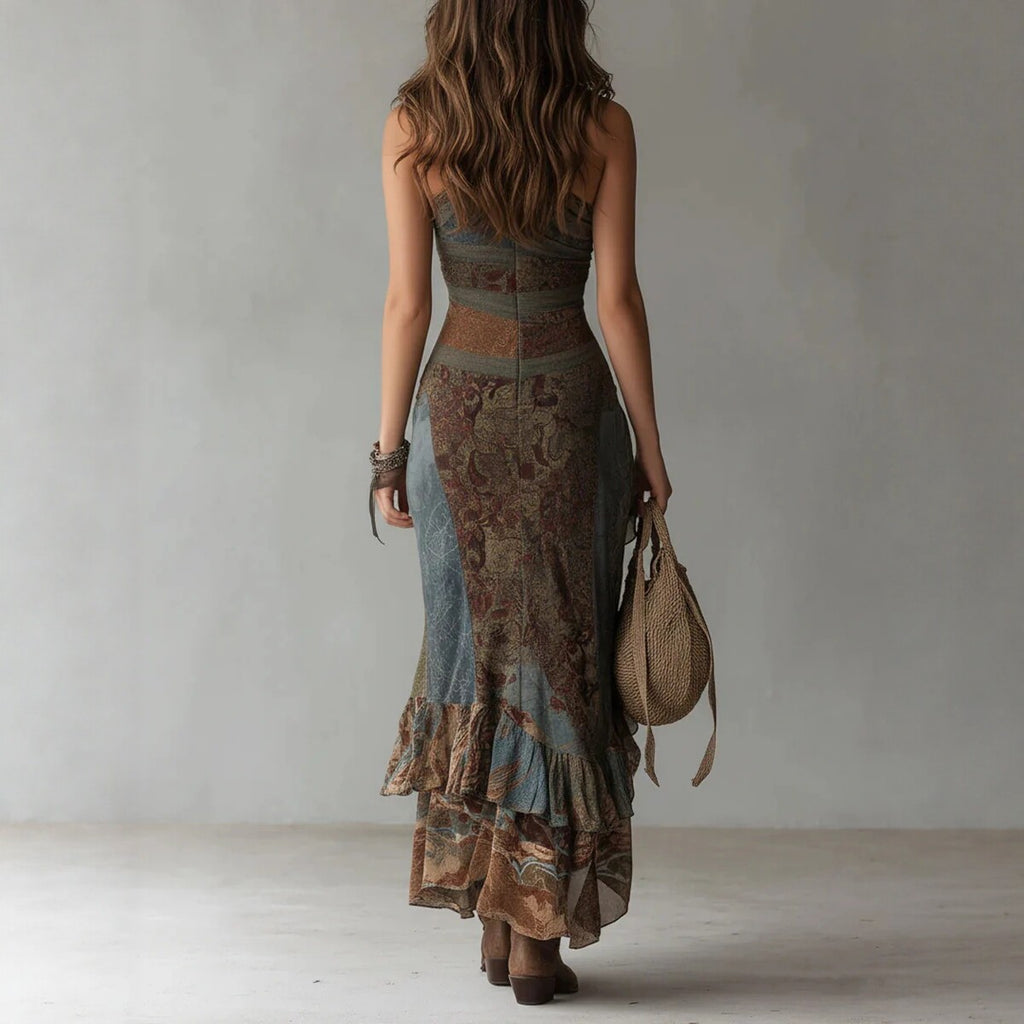 Retro Patchwork Printed Asymmetric Long Dress Slim Fit High Slit Dress