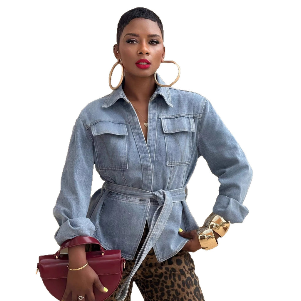 Casual Washed Short Denim Jacket with Pocketand Belted Fit