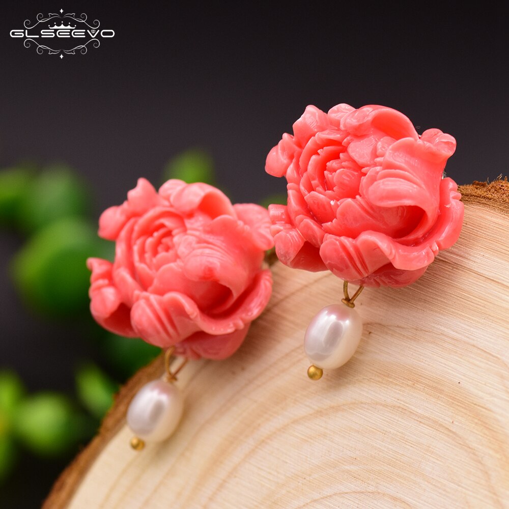 GLSEEVO Natural Fresh Water White Pearl Stud Earrings For Women Coral Powder Earrings Luxury Fine Jewelry Aretes De Mujer