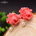 GLSEEVO Natural Fresh Water White Pearl Stud Earrings For Women Coral Powder Earrings Luxury Fine Jewelry Aretes De Mujer