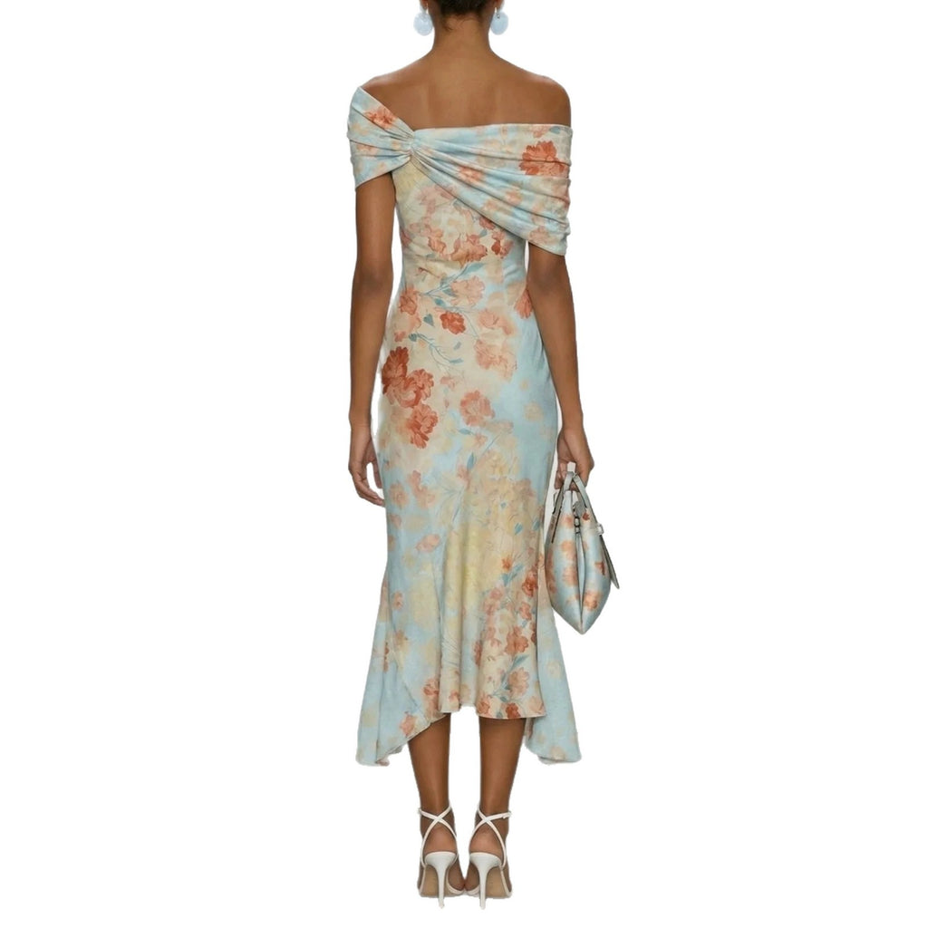 Vestido Largo Floral Off Shoulder con Manga Corta y Estampado Digital