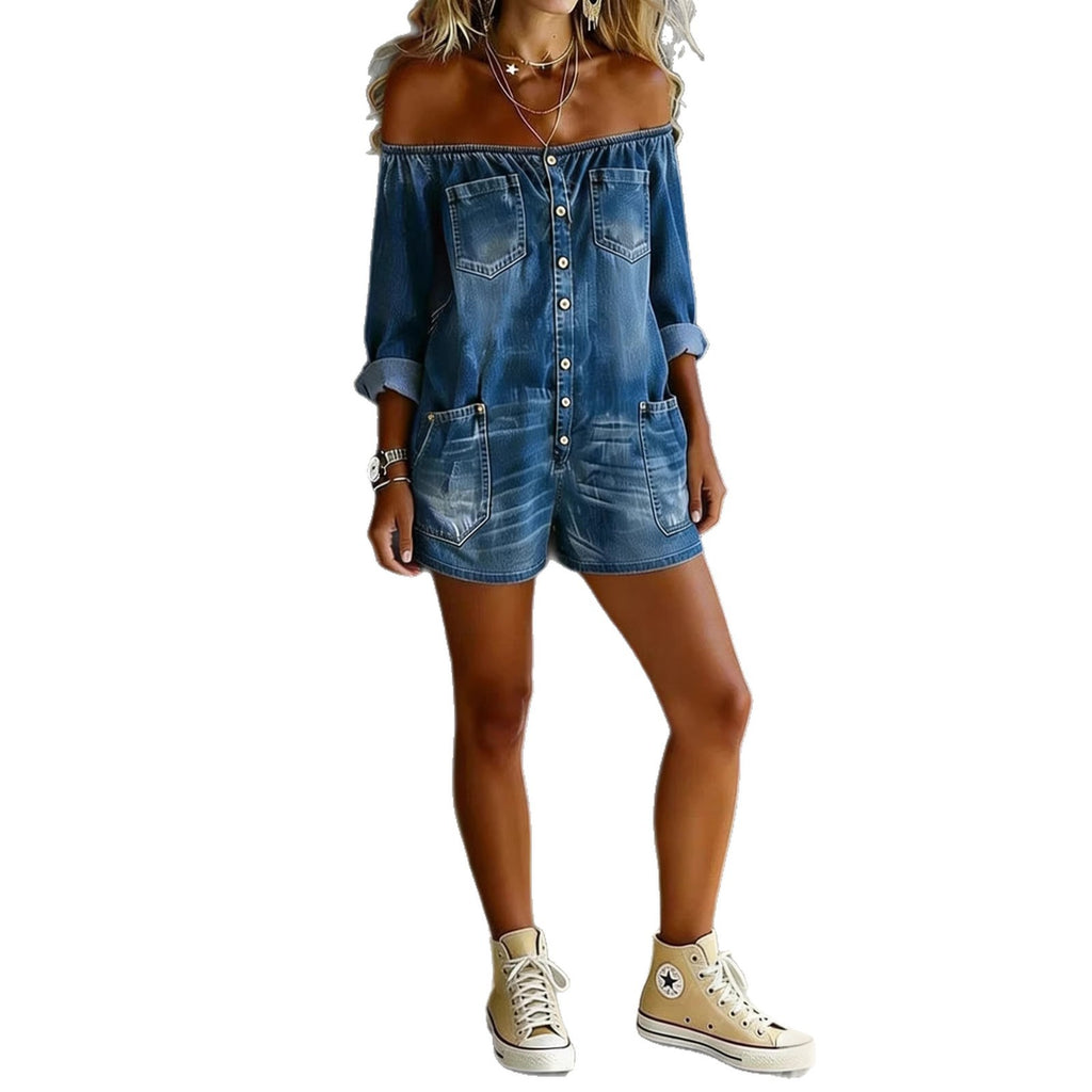 Fashion Vintage Off-Shoulder Long Sleeve Loose Denim Washed Jumpsuit for Women