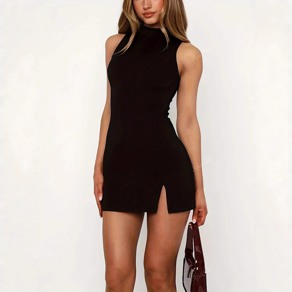 Vestido Elegante Sin Mangas con Costuras Decorativas y Color Liso