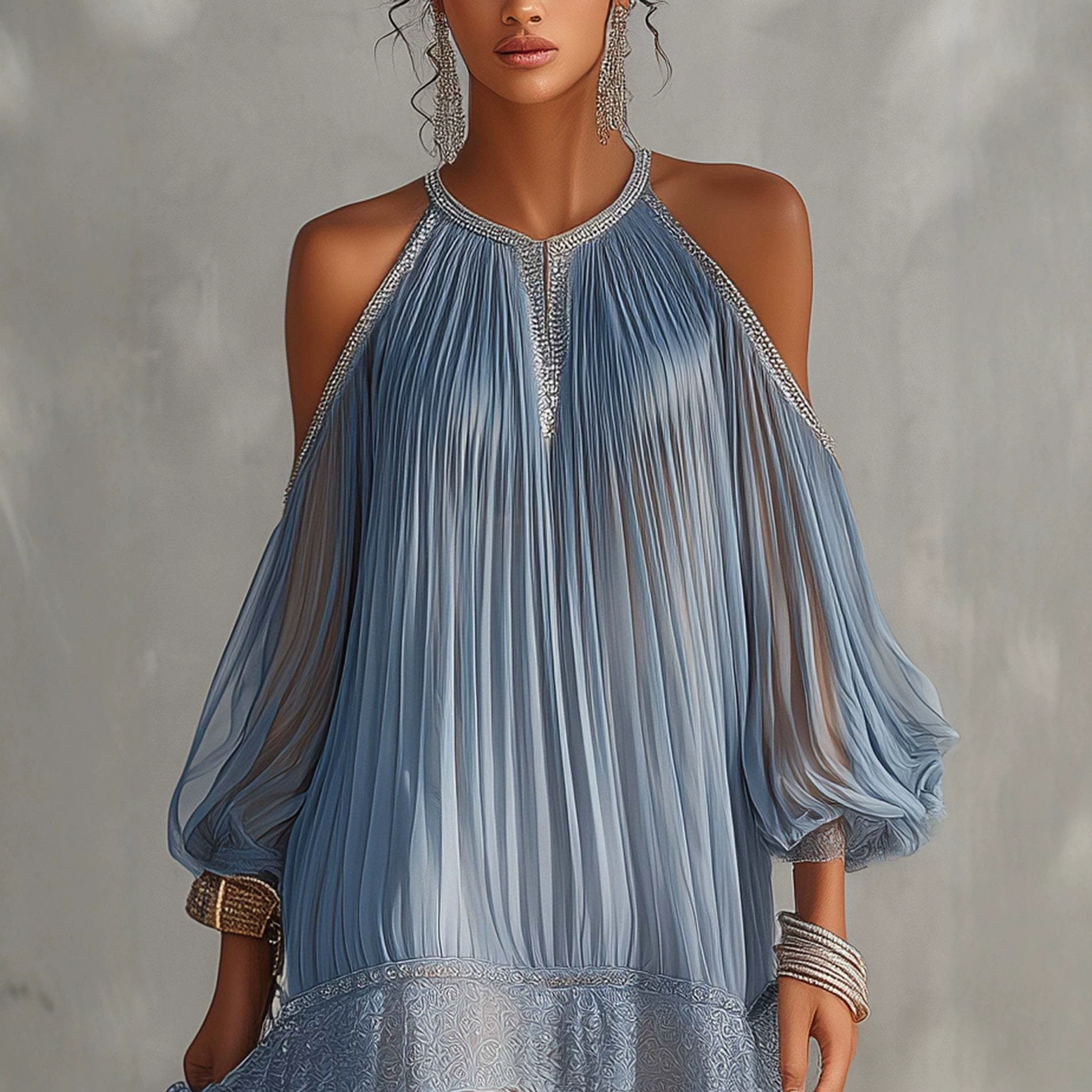 Vestido Chifón Largo con Volantes, Encaje y Mangas Burbuja