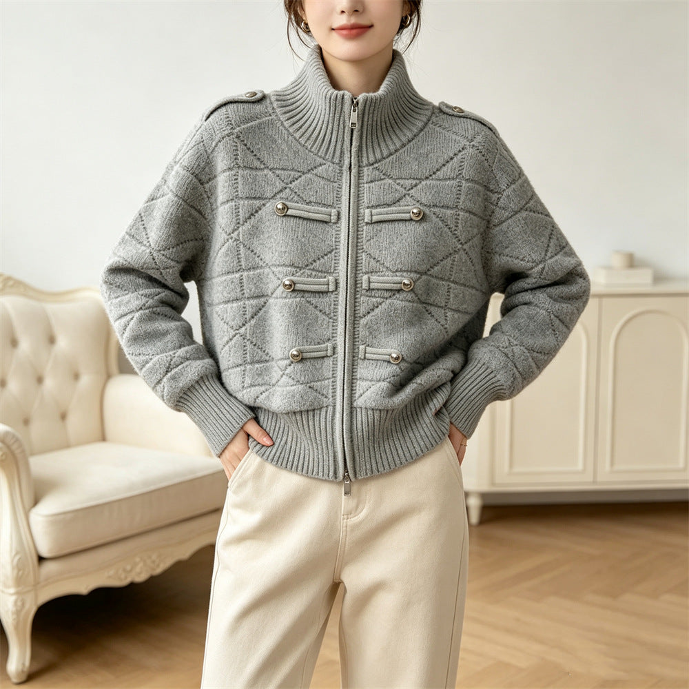 Stand up collar zipper cardigan sweater