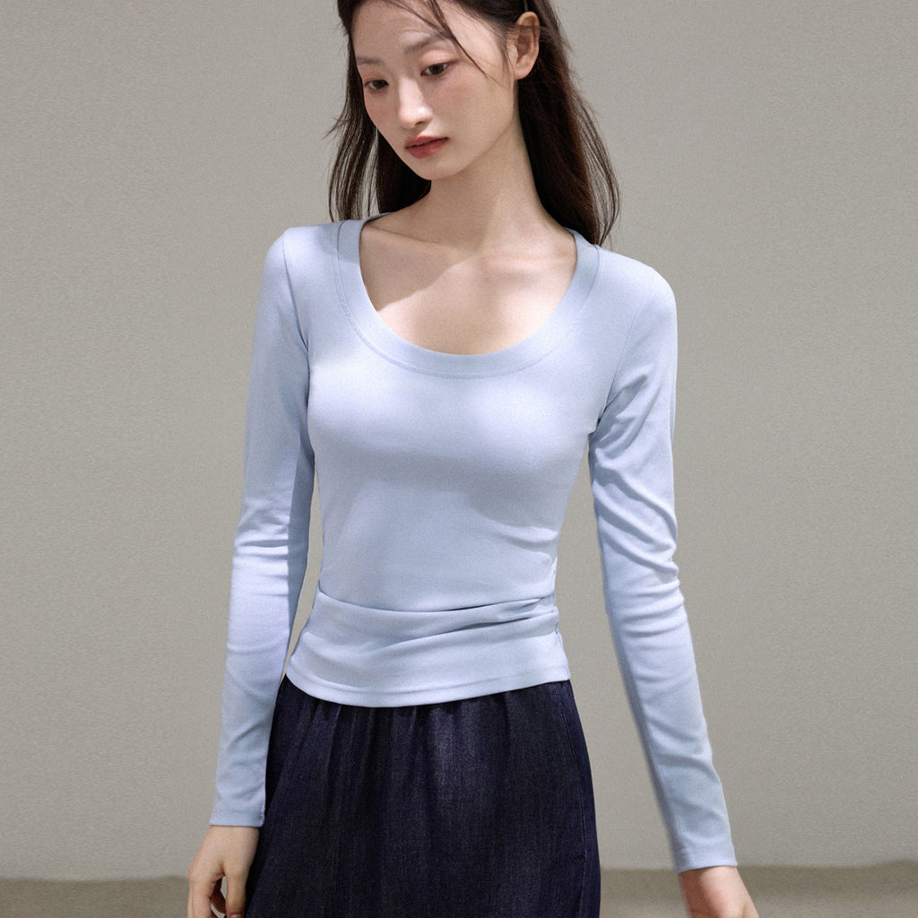 Camiseta de Manga Larga con Cuello U Amplio para Mujer
