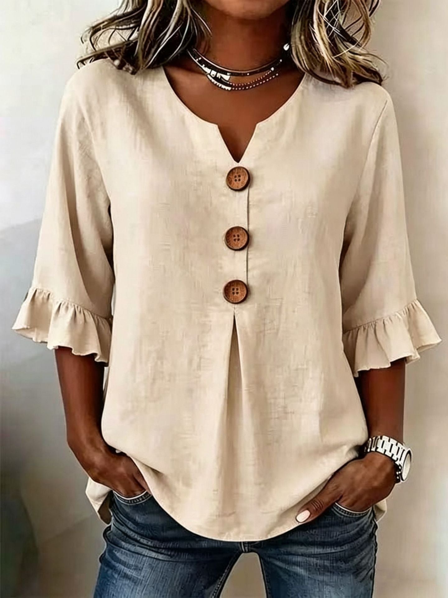 Blusa Lino-Algodón Cuello V con Botones para Verano