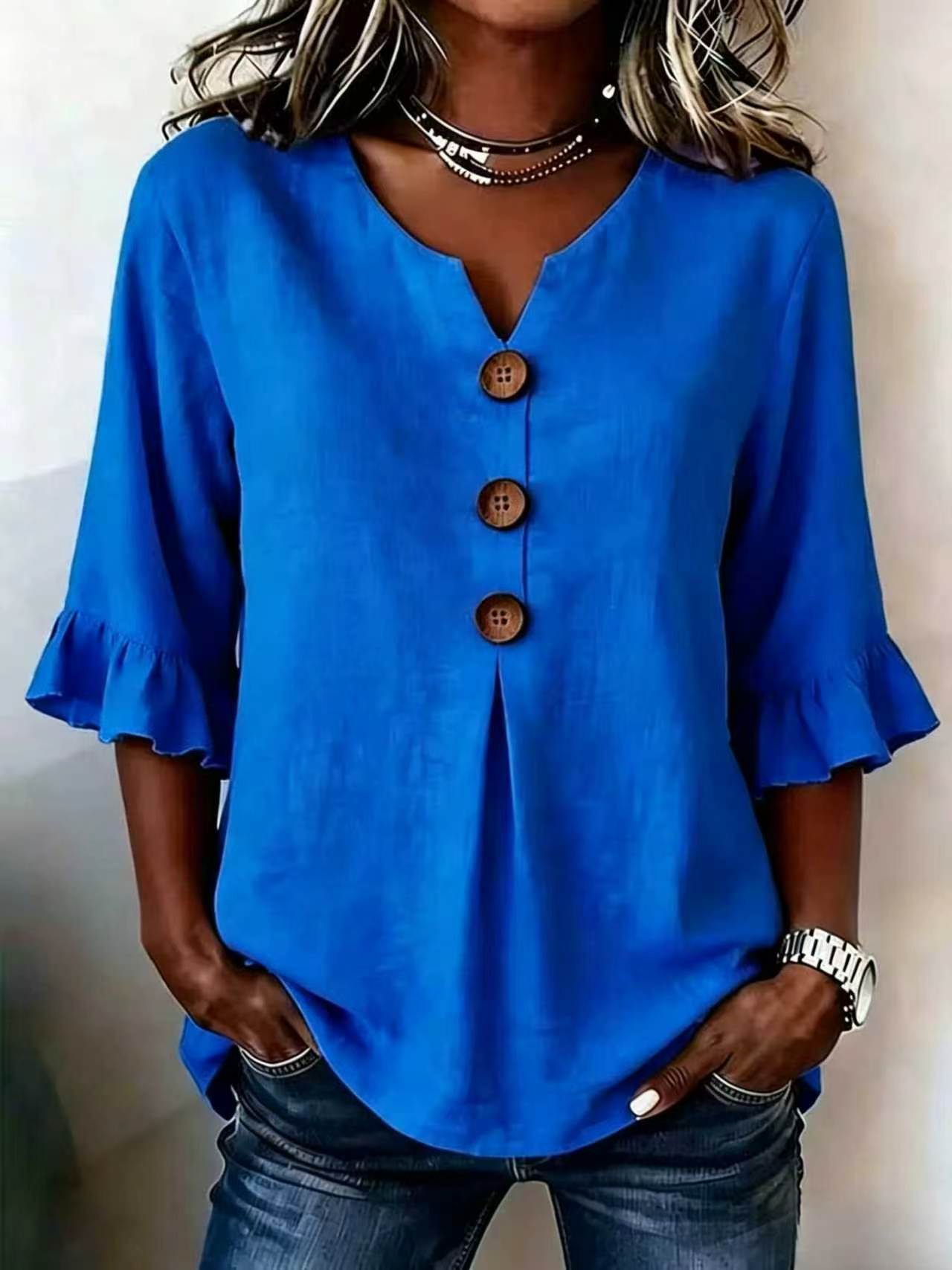 Blusa Lino-Algodón Cuello V con Botones para Verano