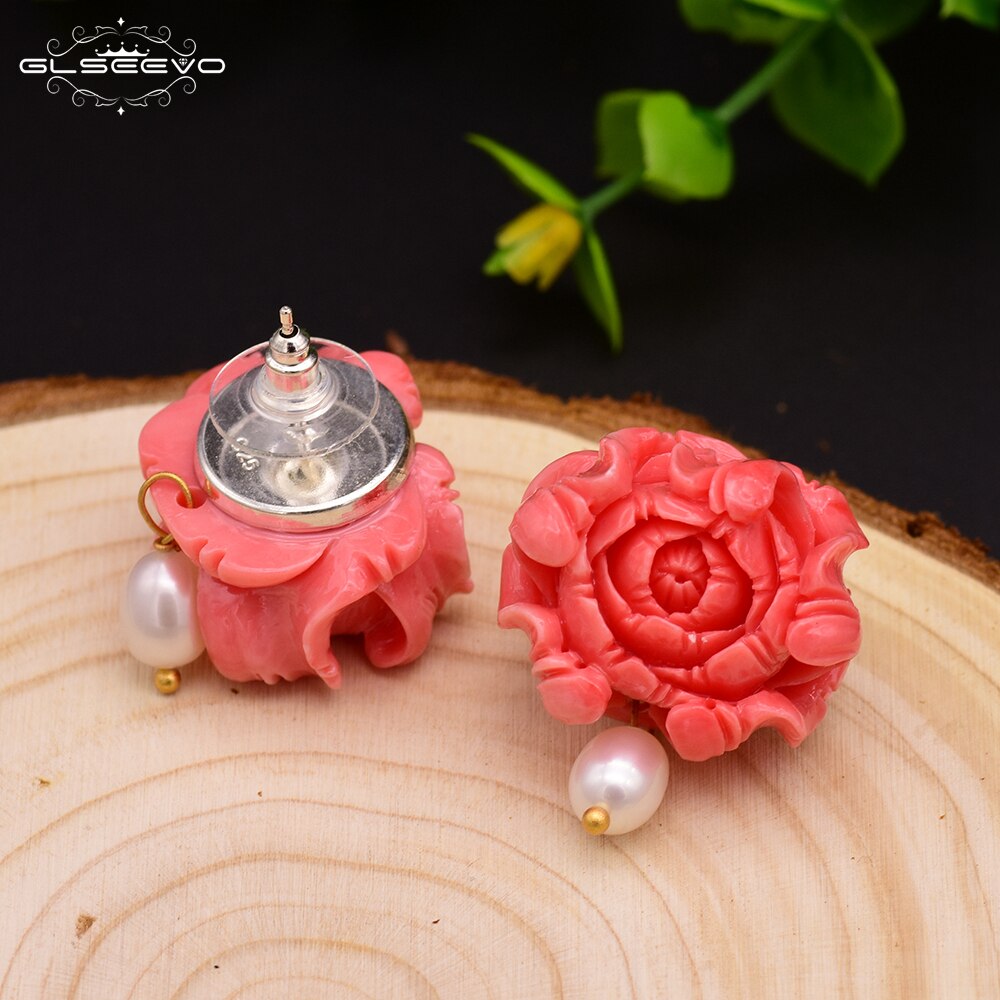 GLSEEVO Natural Fresh Water White Pearl Stud Earrings For Women Coral Powder Earrings Luxury Fine Jewelry Aretes De Mujer