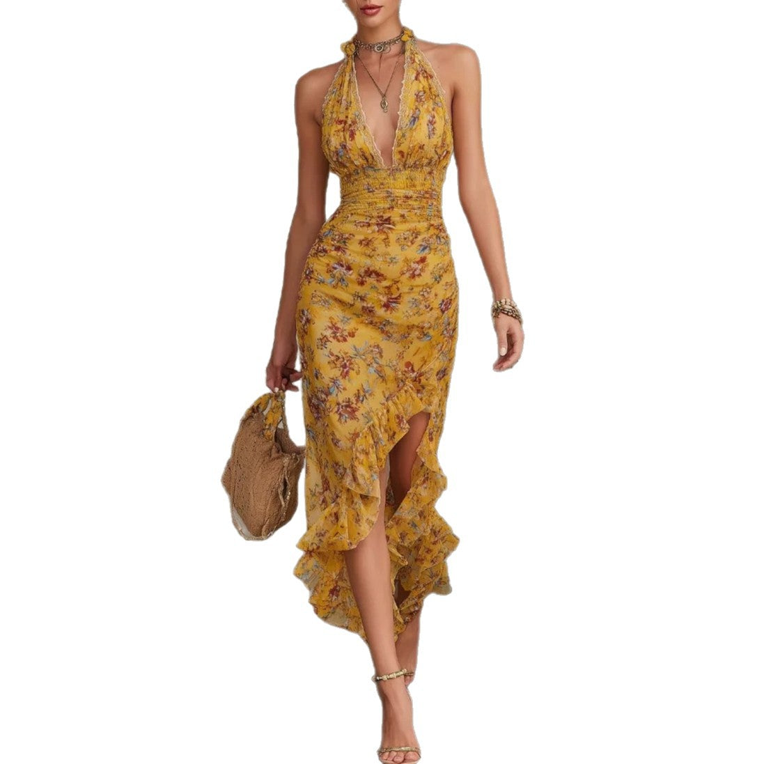 French Vintage Yellow Floral Halter Neck Dress Deep V Waist-Cinching Split Ruffle Slimming Elegant Dress