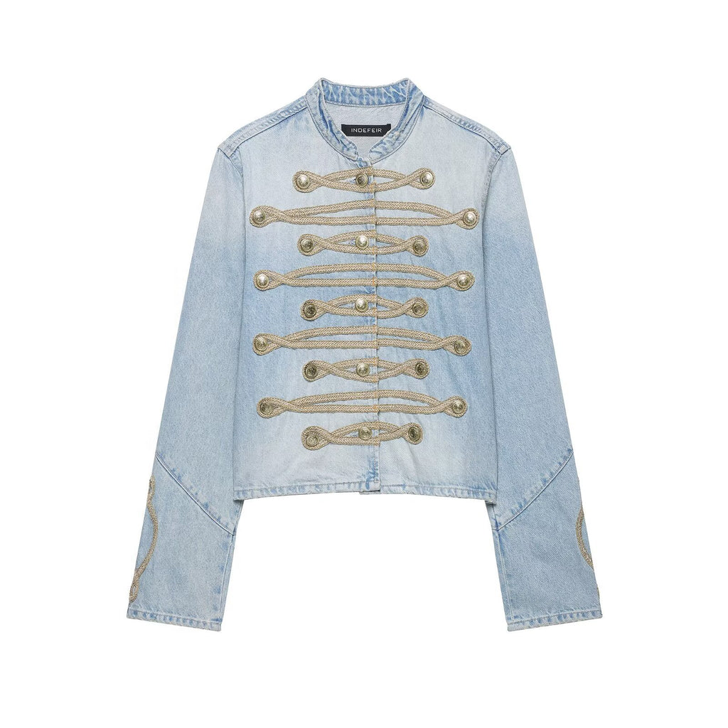 Chaqueta Vaquera Casual con Cuello Mao y Botones de Nudo Decorativos para Mujer