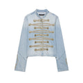 Chaqueta Vaquera Casual con Cuello Mao y Botones de Nudo Decorativos para Mujer