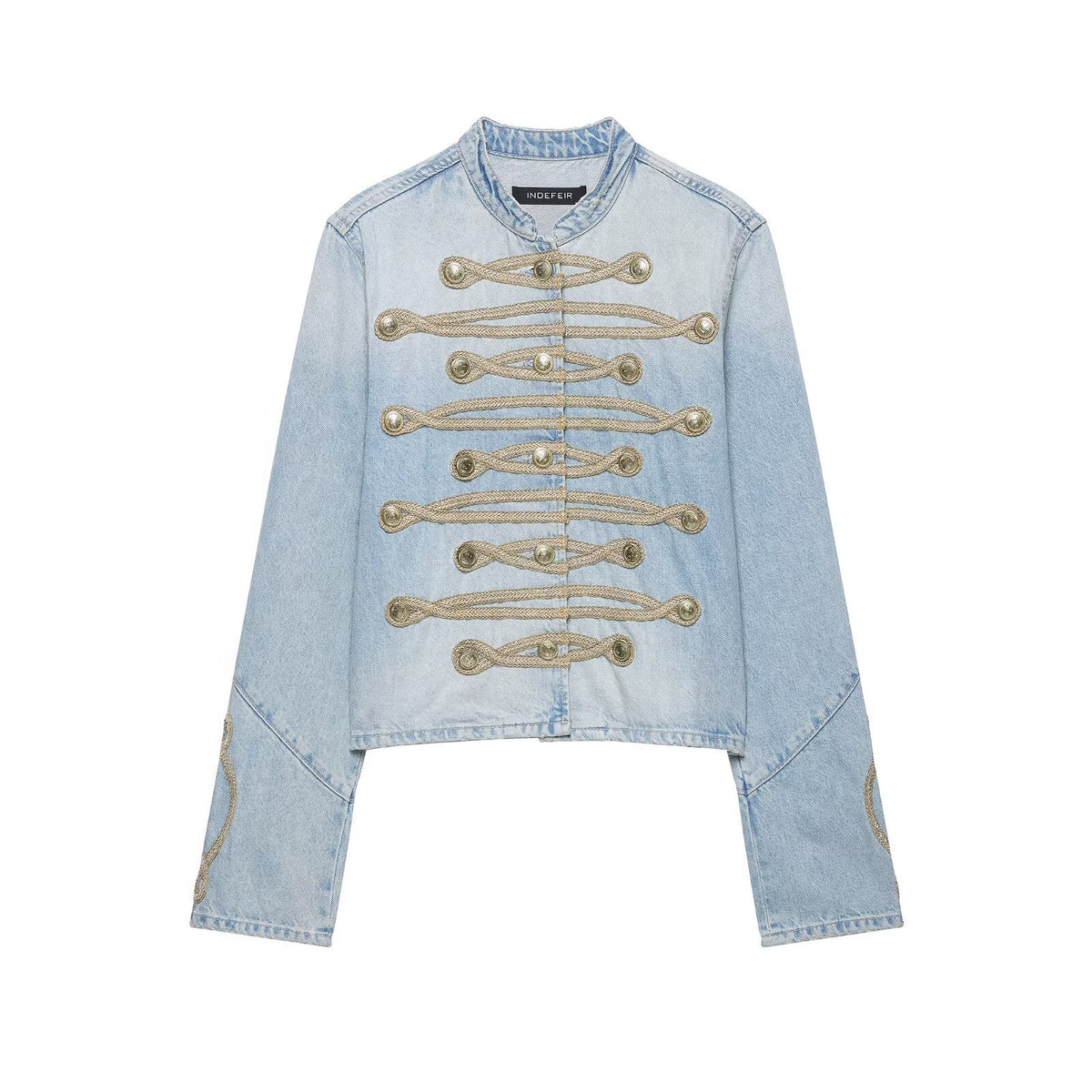 Chaqueta Vaquera Casual con Cuello Mao y Botones de Nudo Decorativos para Mujer