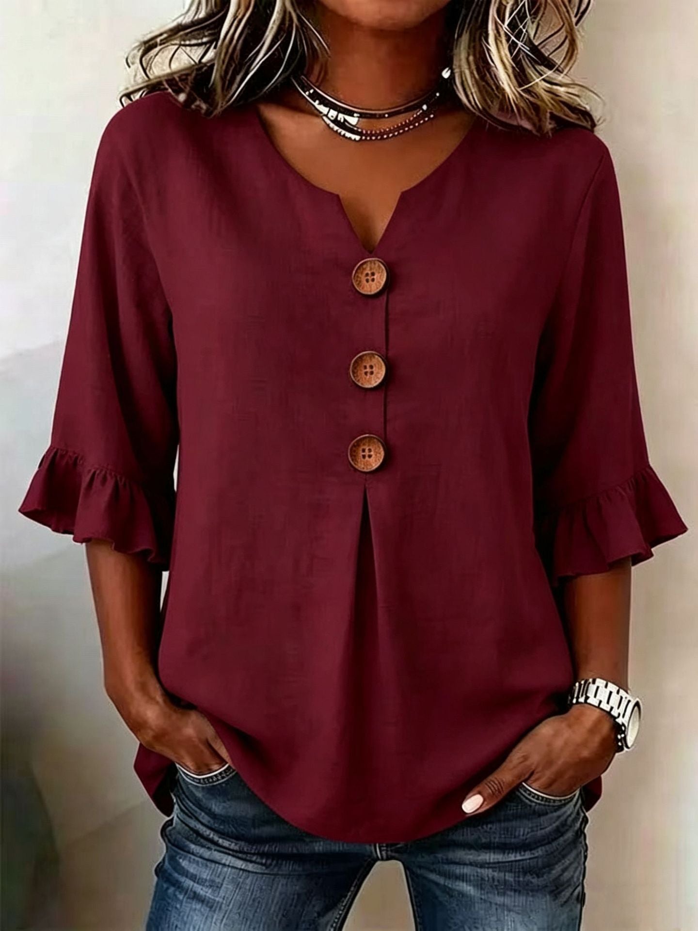 Blusa Lino-Algodón Cuello V con Botones para Verano